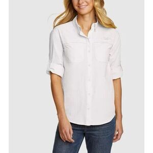 Eddie Bauer Women Size Medium L/S Adventurer II Shirt White Diamond Print UPF 50